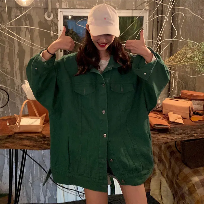 

HziriP BF Style Green Vintage Stylish Students Retro 2019 Feminine Loose Chic Autumn Denim All Match Jackets Women Casual Coats