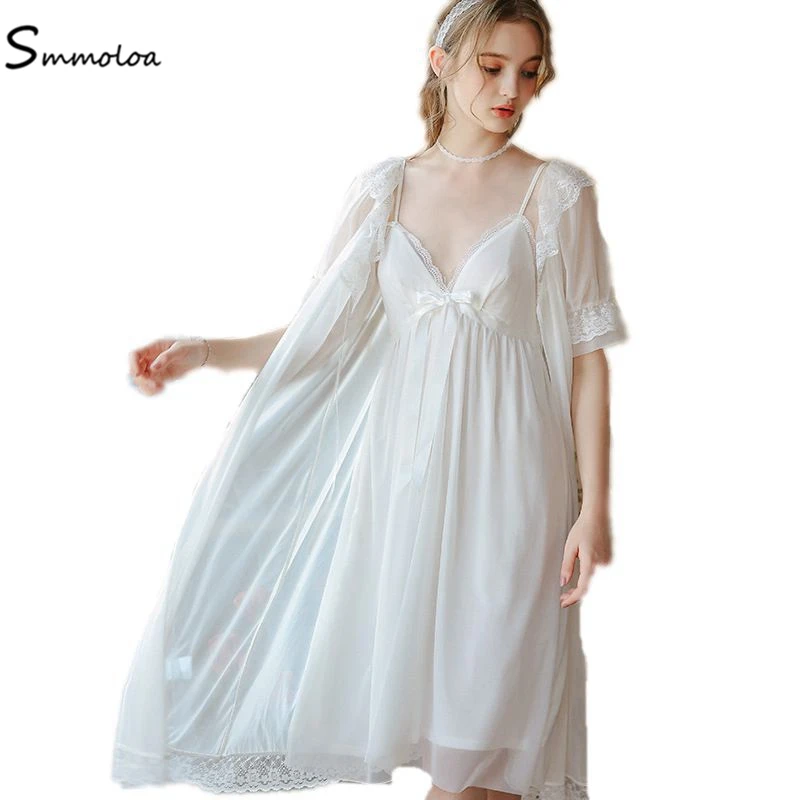 

Smmoloa Summer Women Lace Robe Gown Set Sexy See-through Mesh Lace Sleepwear