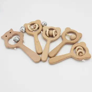

Wooden Rattle Beech Bear Hand Teething Wooden Ring Baby Rattles Play Gym Montessori Stroller Toy Educational Toys