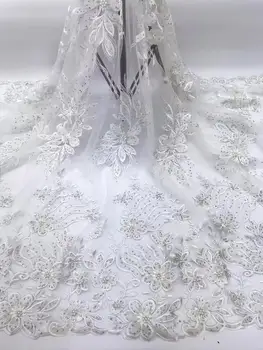 

High Quality African Beaded Lace Fabric Latest Nigerian Laces Fabrics Tulle Net with Stone for Party White