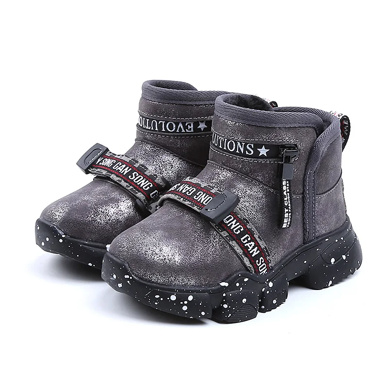 Winter Kids Girls Boys Black Gary Warm Cotton Fabric Non-slip Toddler Round Toe Snow Boots Children Shoes