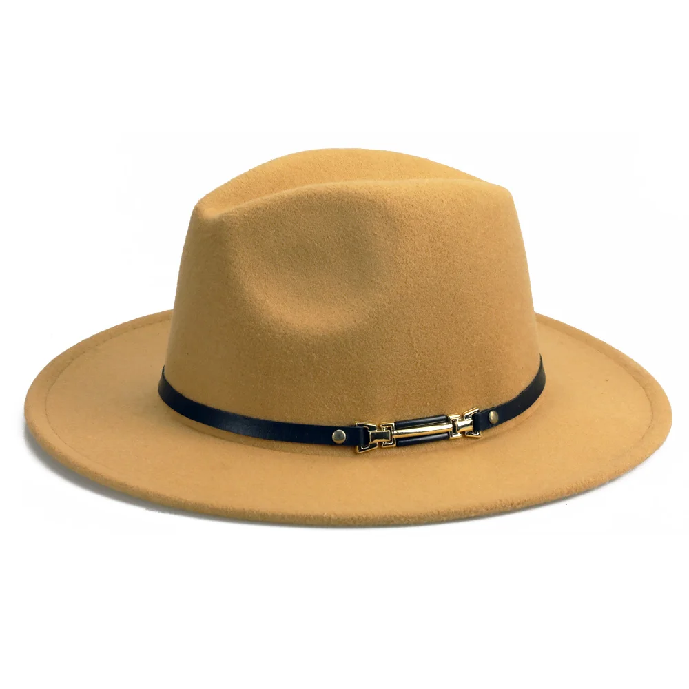 YY PU ремень Fedora шляпа для мужчин зимние теплые шляпы Трилби женщин с широкими полями Джаз Панама Винтаж фетровая Кепка Пряжка Декор FD19050