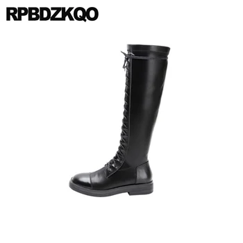 

autumn luxury brand shoes women black long knee high lace up boots winter round toe casual chunky low heel genuine leather tall