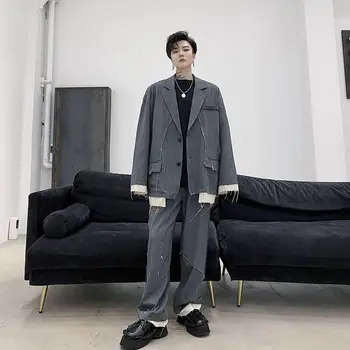 

IEFB /men's wear 2020 Autumn clothing structure splicing design material Loose oversize Suit coat two pieces set for male 9Y3815