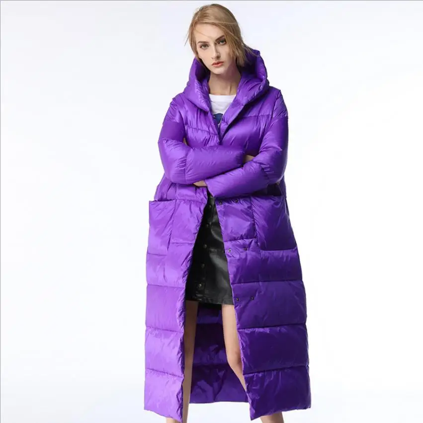 

122cm ankle length Winter oversze fluffy coat 90% down coats female hooded windproof warm duck down outerwear F235