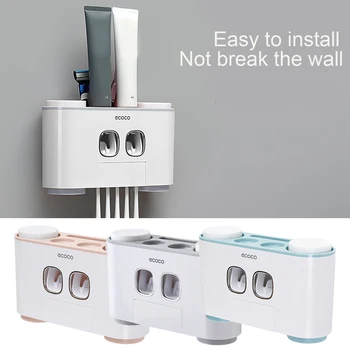 

Behogar Wall Mounted Automatic Toothpaste Squeezer Toothbrush Holder Kit with 4 Cups 5 Toothbrush Slots for Home Bathroom