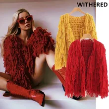 Винтажная трикотажная куртка с кисточками для женщин casaco blogger, однотонные вязаные свитера, женские кардиганы, женские топы