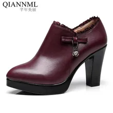 Qiannml/Большие размеры 32, 33-43, женская обувь с глубоким носком на каблуке, г. Теплые Меховые Туфли-лодочки на платформе женские офисные туфли на высоком каблуке