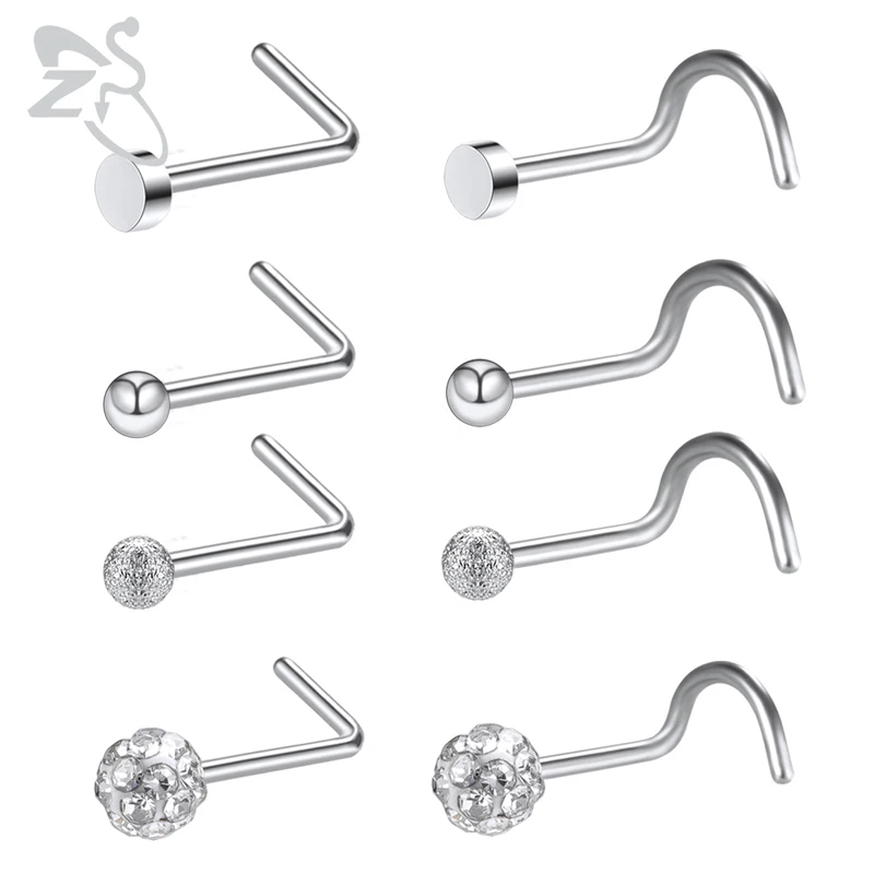 ZS Surgical steel Nose Studs for Women 8 PCS/lot Indian Rings with Cubic Zirconia Body Piercing Jewelry 20G Pins | Украшения и