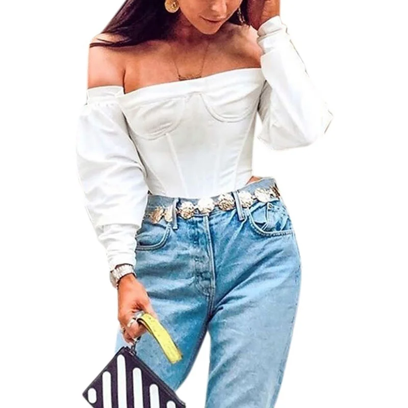 

Vicabo Women Slash Neck Off Shoulder Sexy Blouses Long Sleeve Solid Color Shirt Skinny Ladies Slim Clubwear White Shirts
