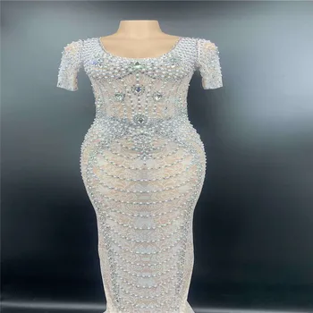 

V69 Catwalk performance show mesh rhinestones evening dress white pearl printing singer crystal skirt bar diamonds outfits disco