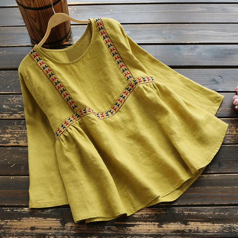 

2019 Fall Spring Women Embroidery Loose Korean Yellow White Red Linen Blouse Top Shirt , Womens 4XL O Neck Tops and Blouses