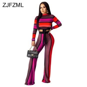 

Colorful Striped Drawstring Bandage Two Piece Set Women Turtleneck Full Sleeve Crop Tops + High Waist Wide Leg Floor-Length Pant