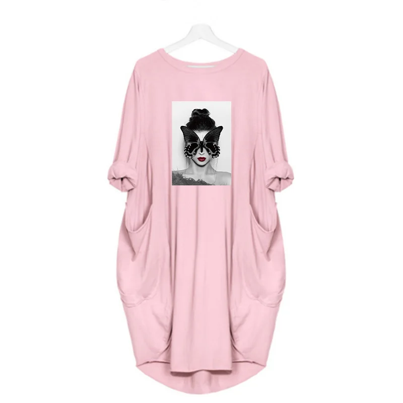 Plus Size Nordic Art Dress Butterfly Girl Cool Women Midi Dresses O-Neck Autumn Thin Long Sleeve Pockets Loose Party Vestidos