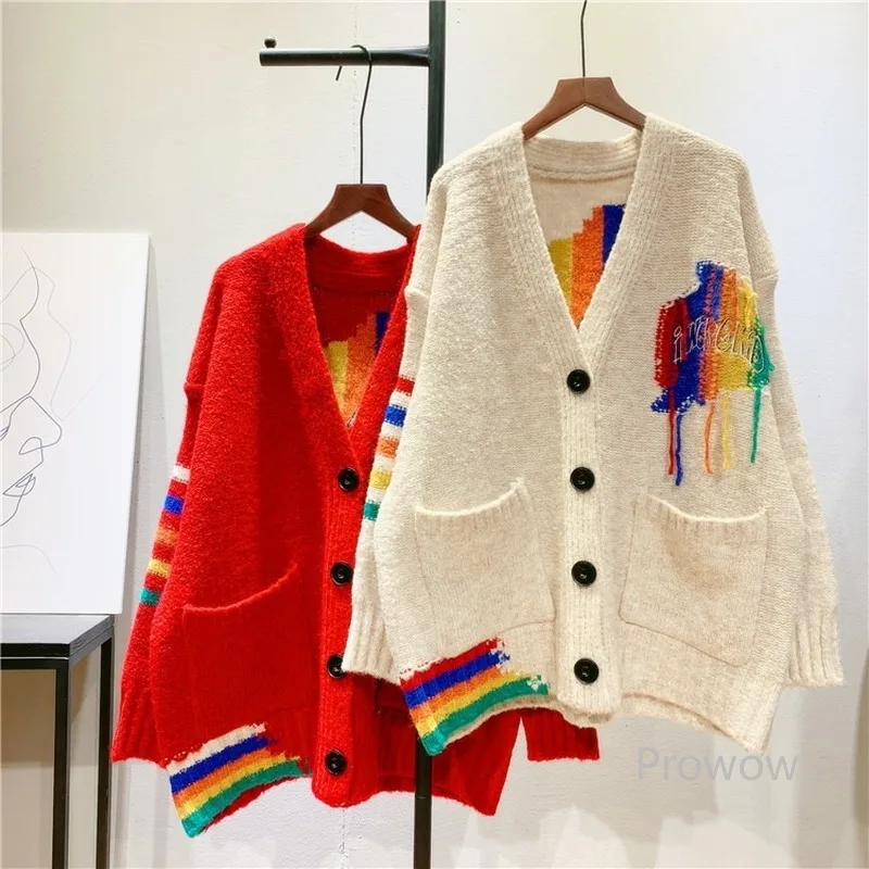 

Thick Long Oversized Cardigan Women V-neck Sweater Jacket with Rainbow Trim Autumn Winter Cardigan Korean Fashion Knit Outwear