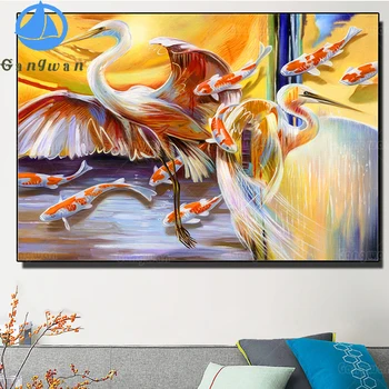 

Stork and Fishes Diamond Embroidery Red-crowned crane,5D,diy Diamond Painting 3d Cross Stitch,Mosaic koi picture,home decoration
