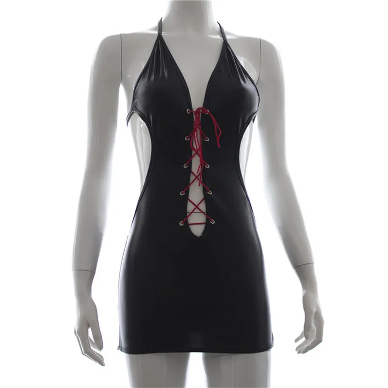 Women Sexy Stripper Outfit Set Patent Leather Open Cup Bra Backless Hip Skirt Exotic Apparel for Stripper Mistress