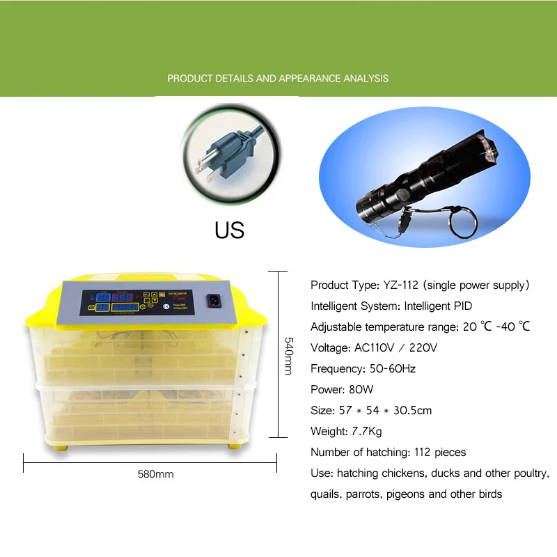 112 цифровой инкубатор для яиц, автоматический инкубатор, прозрачное яйцо с поворотом, контроль температуры, сельскохозяйственный инкубатор для куриных яиц, контрольный Лер - Цвет: US Plug