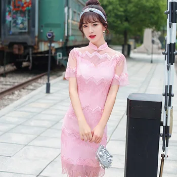 

Sexy Pink Lace Young Lady Dobby Cheongsam Elegant Short Sleeve Qipao Chinese Traditiona Vintage Mandarin Collar Dress Vestidos