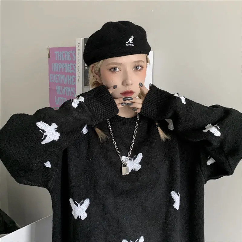 Gothic knitted top y2k streetwear Korean vintage casual butterfly print Oversized long-sleeved pullover autumn Harajuku punk Top cardigan for women