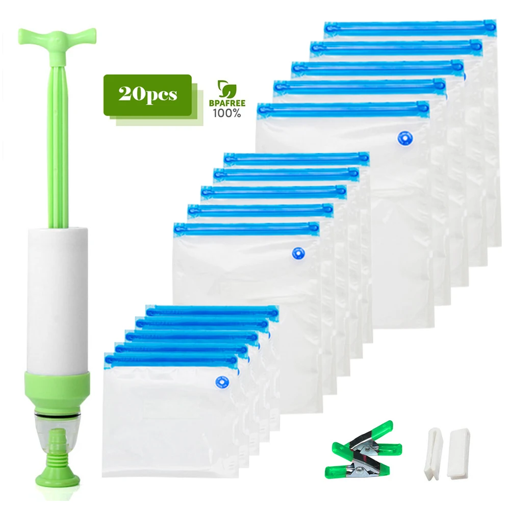 

17/20pcs Vacuum Sealer Bags Kits Reusable Food Packaging With Hand Pump Bag Sealing Clips Food Wrap for Fruit Storage Freezing