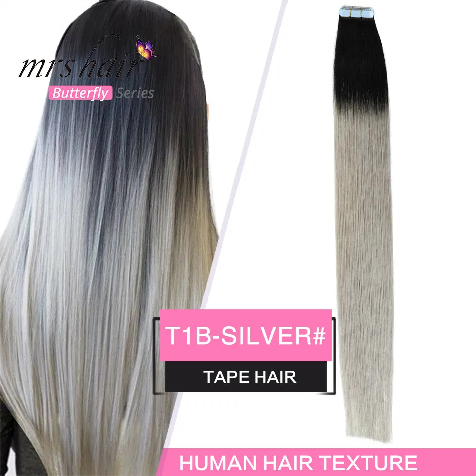 MRSHAIR 20 дюйм(ов) ленты в расширениях Ombre 20 штук non-реми выметания человеческие волосы прямые Ombre кожи утка волос - Цвет: TW-T1B-SILVER