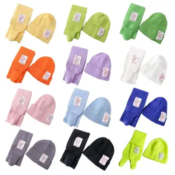 

2Pcs Kids Baby Winter Hat Long Scarf Set Candy Color Letters Patch Beanie Cap