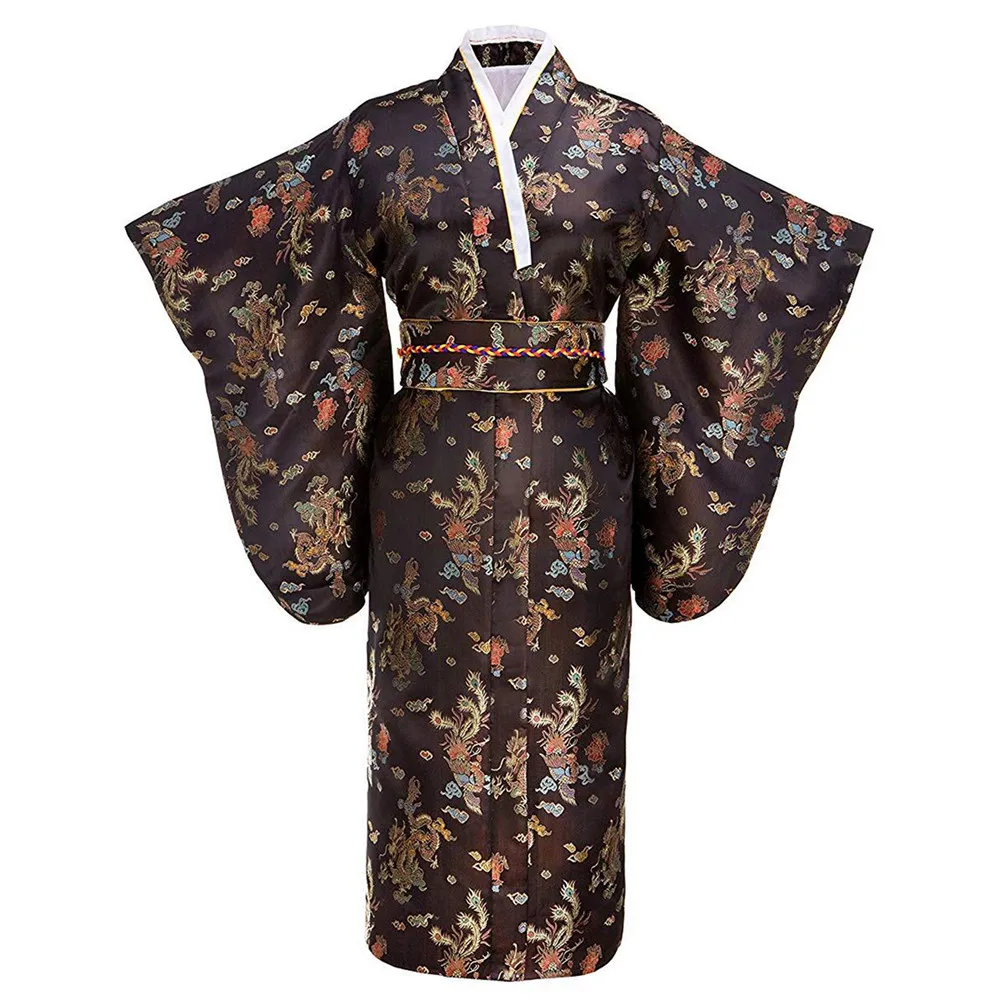 

Exquisite Dragon Phoenix Women Japanese Kimono Performance Clothing Soft Satin Bathrobe Gown Evening Party Prom Dress Gown