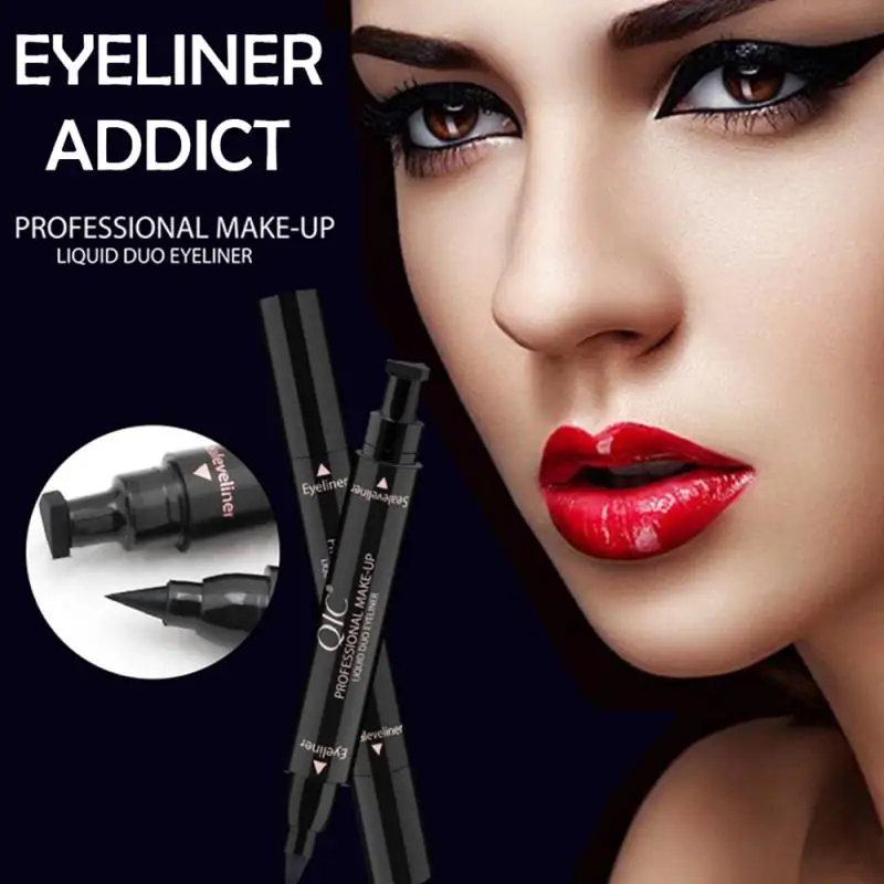 QIC Double-headed Seal Eyeliner Liquid Makeup Pen Waterproof Lasting Cat Eye Liner Stamp Black 2 In 1 Wing Eyeliner TSLM1