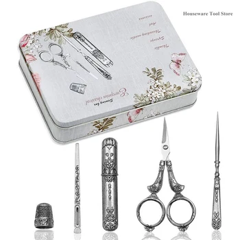 

5Pcs/set Exquisite Vintage Scissors Set Scissors+Needle Storage Tube+Awl+Needle Thread+Thimble Retro Sewing Scissors Household