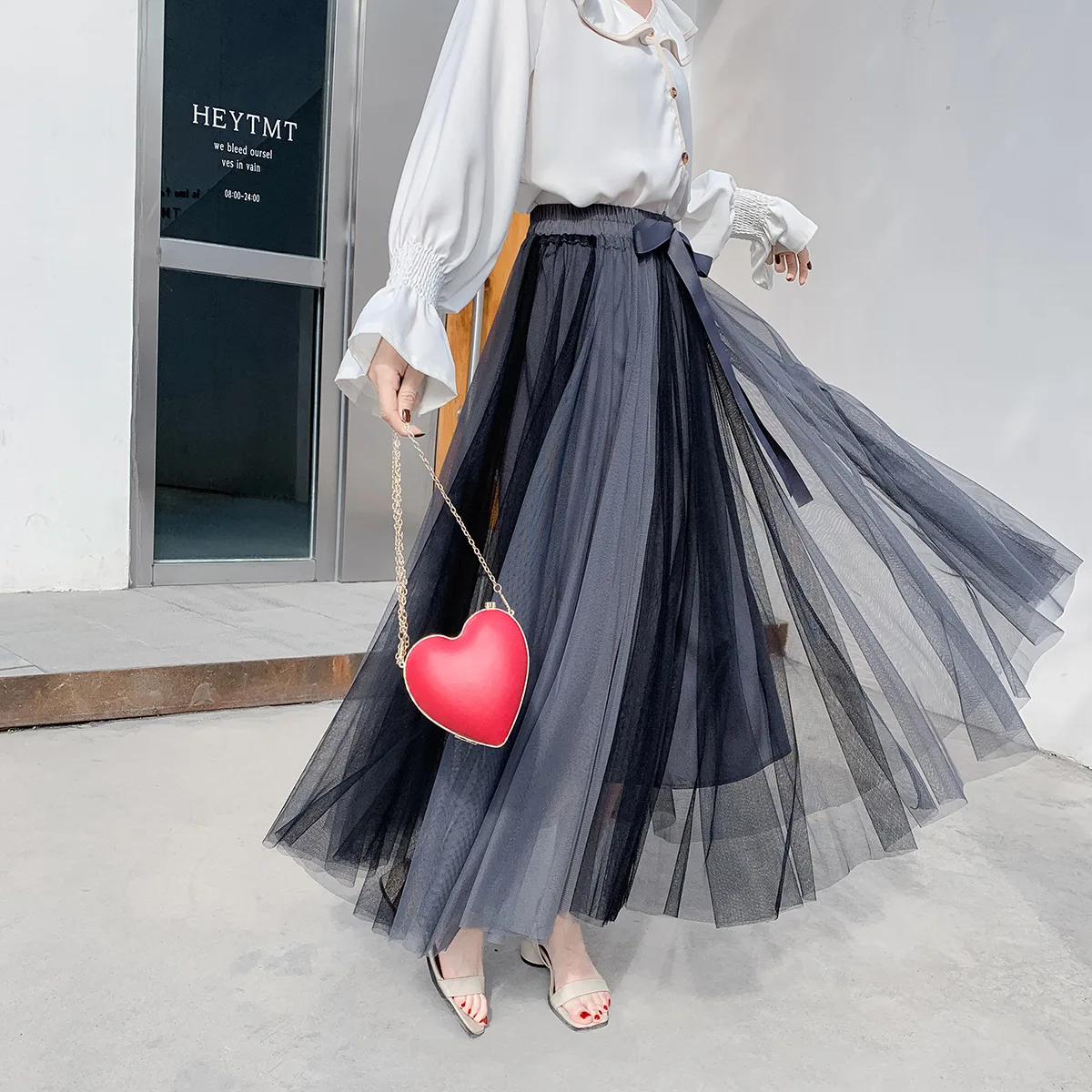 

2019 Spring Summer New Style High-waisted Mid-length Mixed Colors Pleated A- line Big Hemline Gauze Skirt Women's