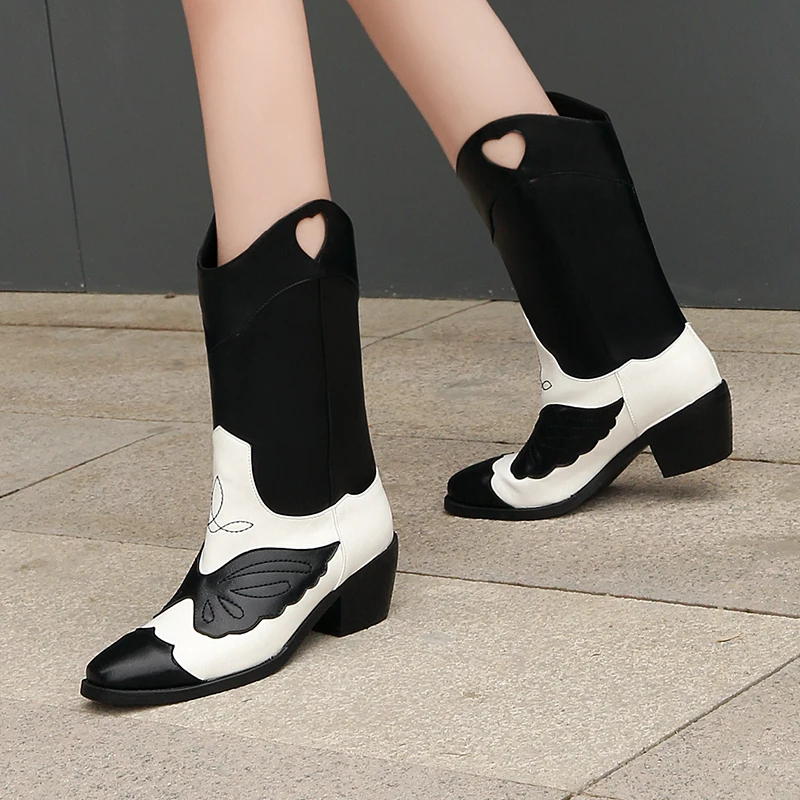winter chunky high heels western cowboy mid-calf boots women lace up hollow butterfly patchwork large size Bohemian shoes female