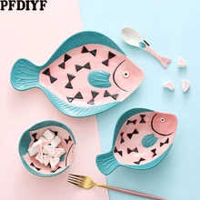 Японский керамический набор посуды, ручная роспись, креативная тарелка для рыбы, домашнее блюдо, мультяшная форма, миска для риса, ложки, кухонные принадлежности
