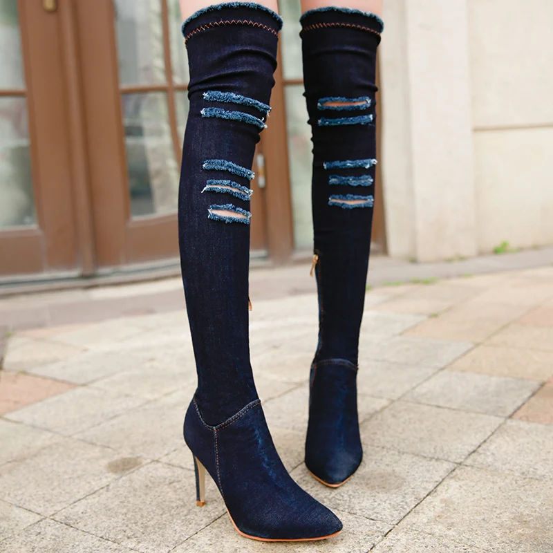 

ERNESTNM Women Boots Autumn Winter Over The Knee High Heels Boots Shoes Pointed Toe Sexy Elastic Denim Women Boots Size 35-40
