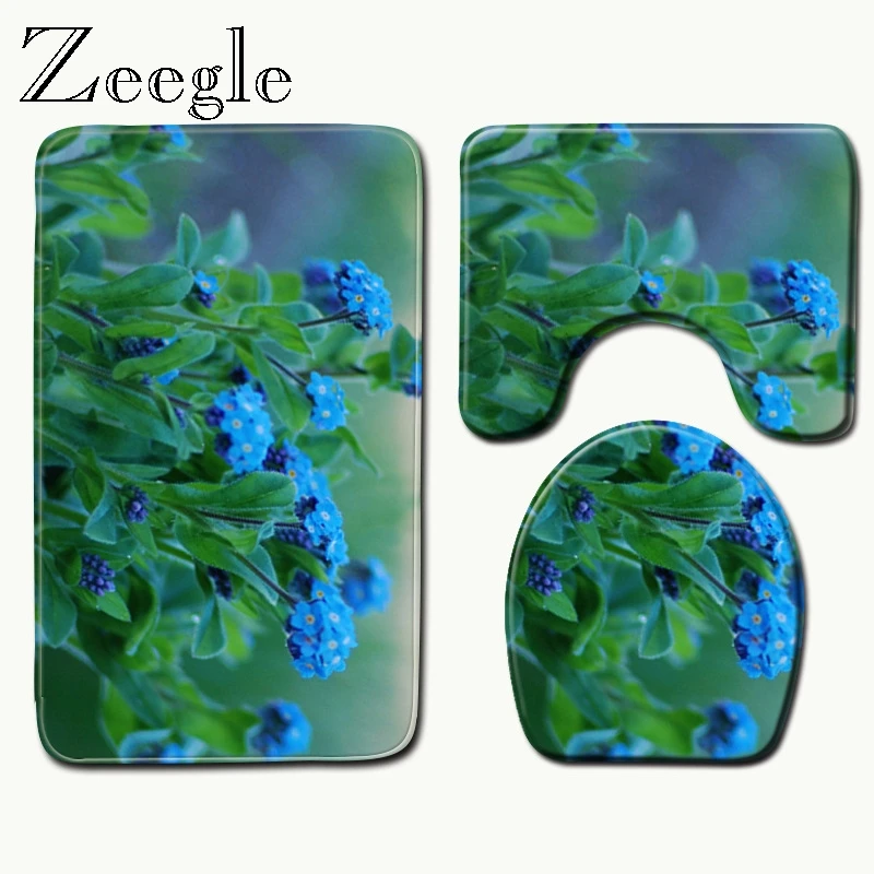 Zeegle 3pcs/set New Bathroom Set Carpet Water Absorbent Non-Slip Pedestal Rug Lid Floral Pattern Printed Toilet Cover Bath Mat