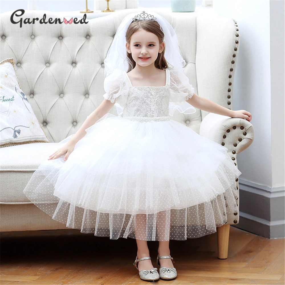 

Puffy Ivory Lace First Communion Dress Tulle Layers Polka Dot Flower Girl Dresses Cap Sleeves Little Bride Dresses Ball Gown