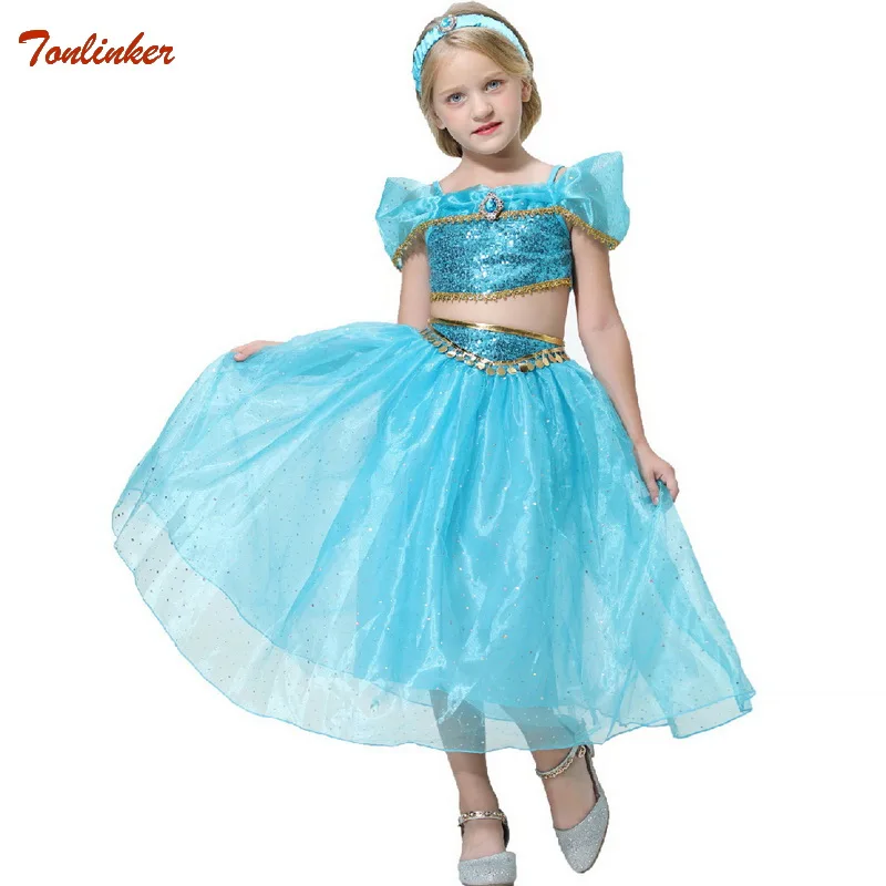 Christmas Girls Jasmine dresses Aladdin Cosplay tops and skirts Costume princess Jasmine girl dress role With Headband costume