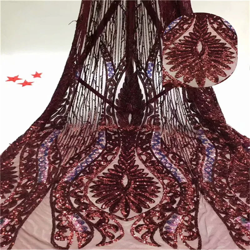 

2019 New Design African Lace Fabric High Quality French Red Embroidered Tulle Lace Fabric with Sequins