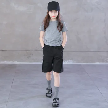 

Summer Kids Girl Black Cargo Pants Shorts Sets 10 12 14 years Chic style Teenage Girl Clothing Sets