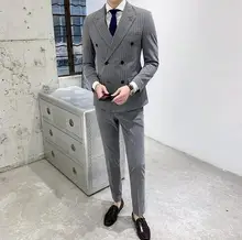 

New Man British Style Wedding Suits Mens 3 Piece Double Breasted Striped Suit Slim Fit Suits