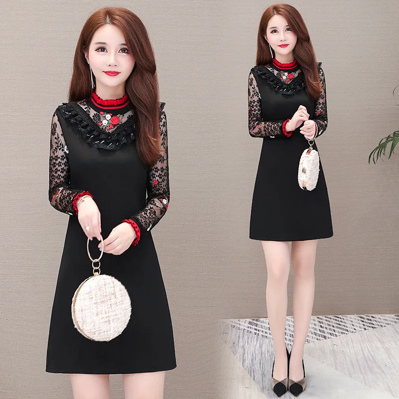 

Middle-aged Dress 2019 Autumn New Style Elegant by Age Short-height Mom Large Size Lace Joint Base Skirt