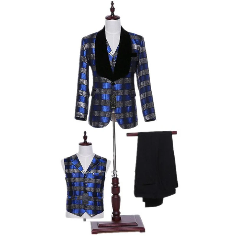 

(Jackets+Pants+Vest) Fashion Men Suits Plaid Fabrics Slim Fit Groom Tuxedos Bridegroon Formal Prom Business Wedding Suits