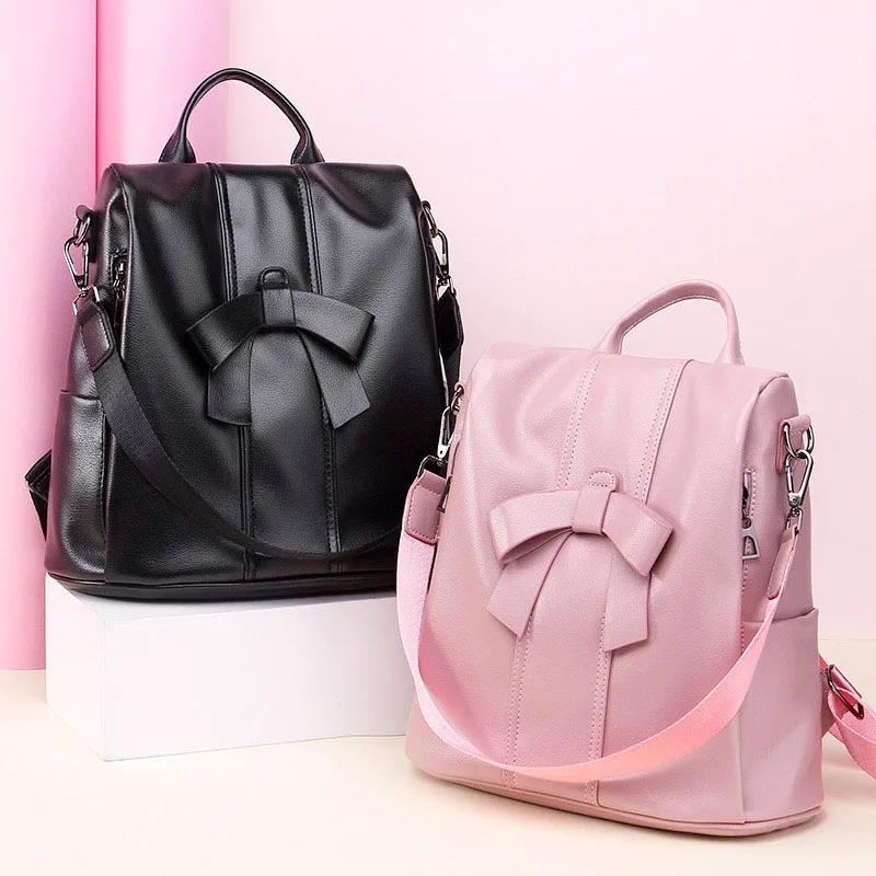 Мягкий кожаный женский рюкзак с бантом, розовые школьные рюкзаки для девочек-подростков, повседневная сумка через плечо, Женская дорожная сумка