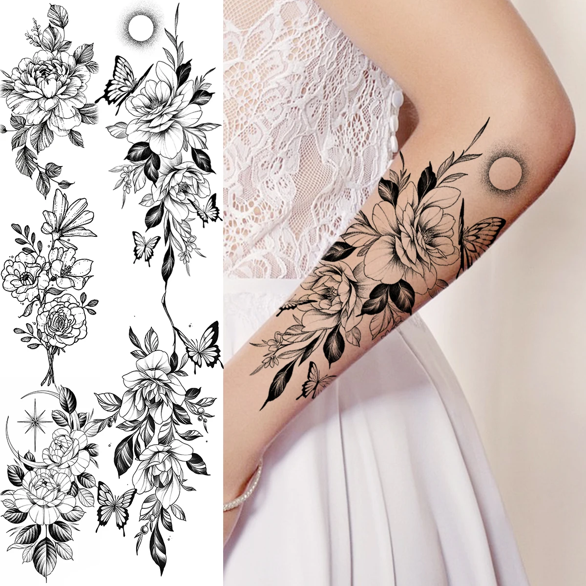

Реалистичные Временные татуировки для женщин, цветок пиона, Бабочка, букет Луны для взрослых, тату Далии, искусственная татуировка на руку, боди-арт, художественные татуировки