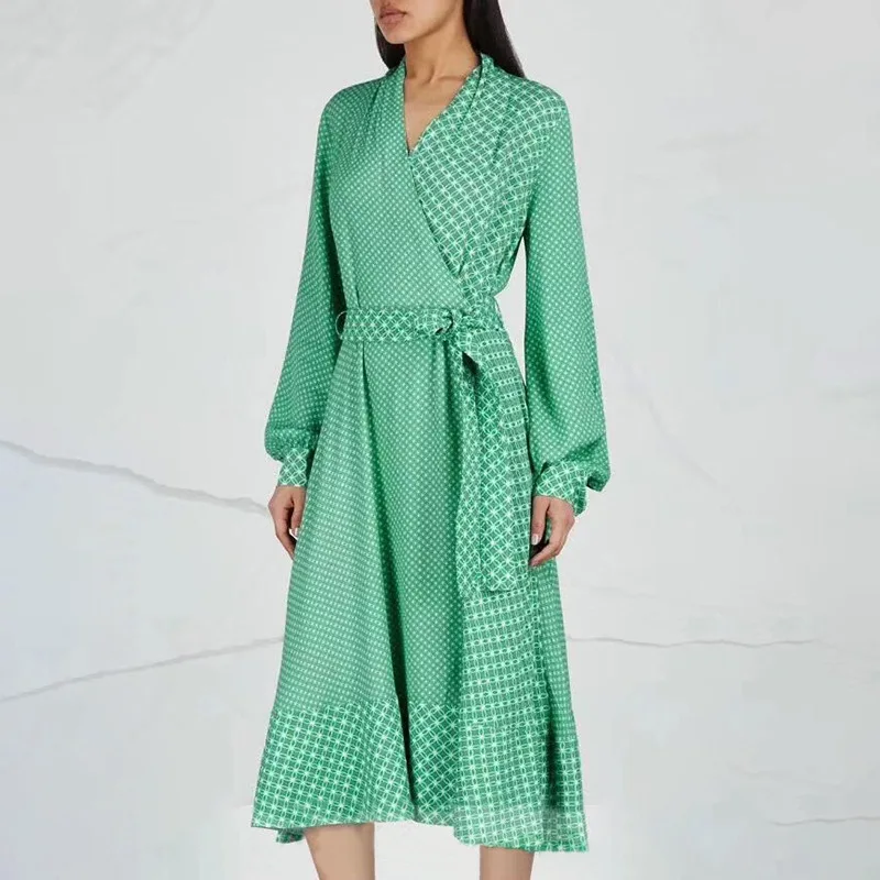 

HIGH QUALITY Newest 2019 Designer Runway Dress Women's Lantern Sleeve Plaid Lacing Belt Wrap Dress