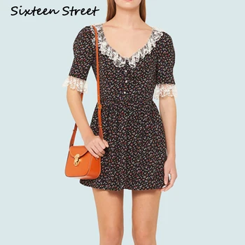 

New Summer V-neck Dress Woman Floral Printed Short Sleeve Lace Vintage Runway Mini Dress Female Party Streetwear 2020 Fashion