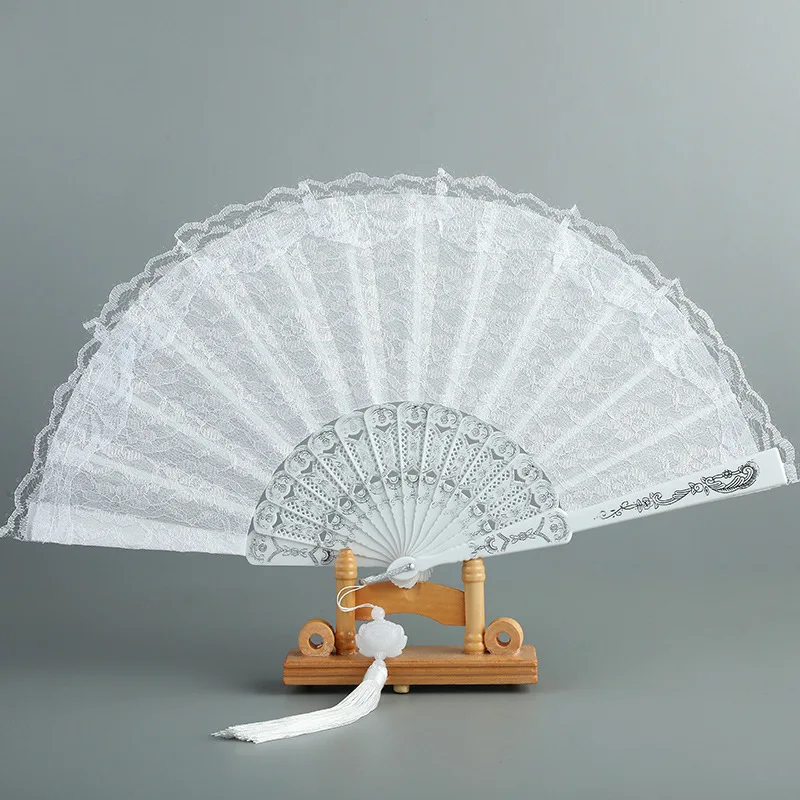 Luxury White Lace Folding Fan Double-layered Plastic Wedding Cosplay Party Home Decorative Fan Ancient Bride Hand