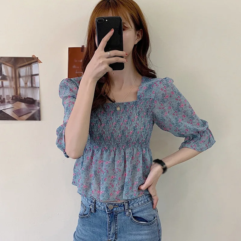 

ETOSELL Print Stretchy Flower Shirt Half Sleeve Summer Sweet Square Neck Cropped Blouses Women Casual Crop Tops For Girls