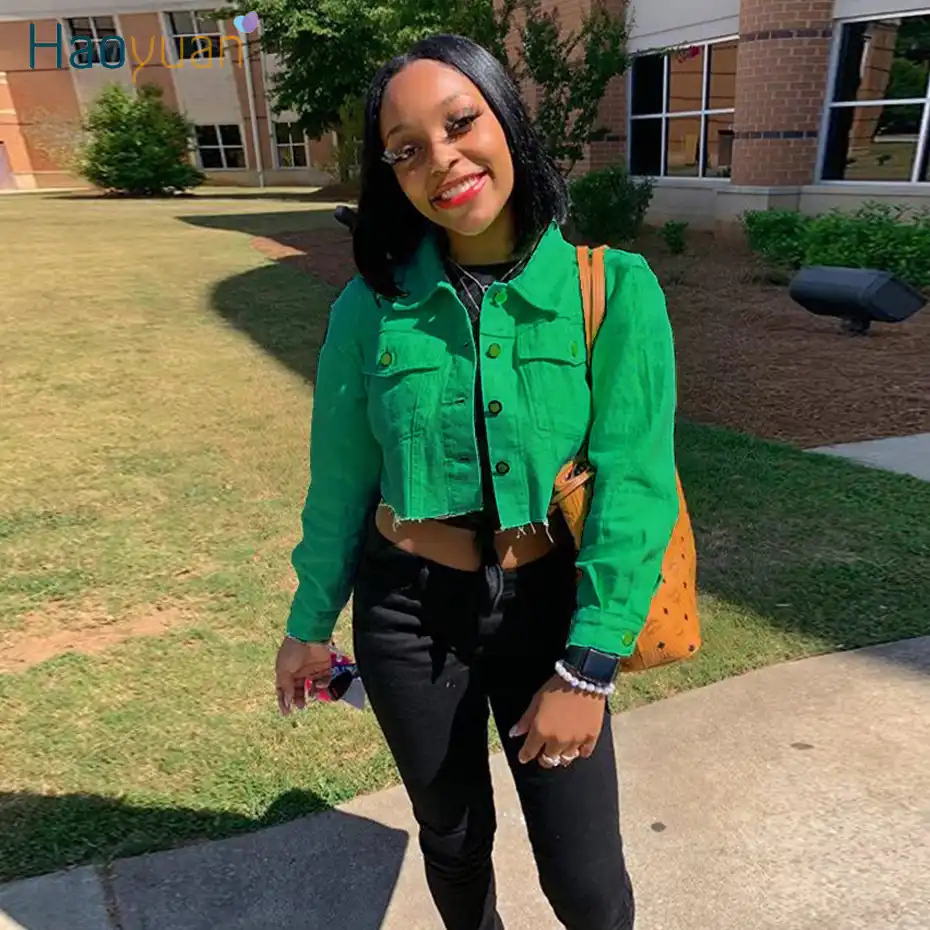 green cropped denim jacket