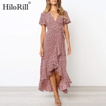 

Spring Summer 2020 Floral Print Long Wrap Dress Women Boho Short Sleeve Sexy Split Maxi Dresses Ruffles Casual Beach Dress